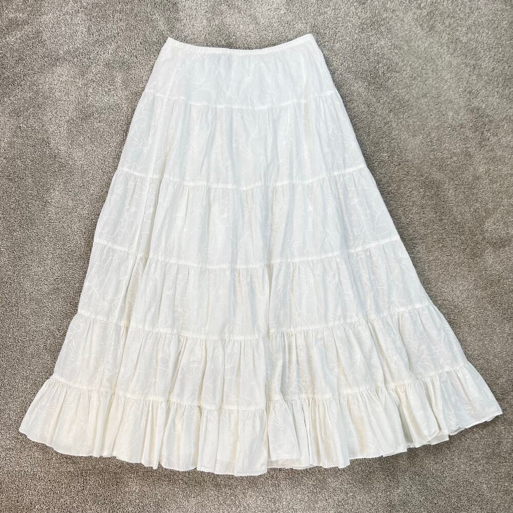 Vintage 90s Karen Kane White Embroidered Floral Flowy Maxi Skirt (Sz M)